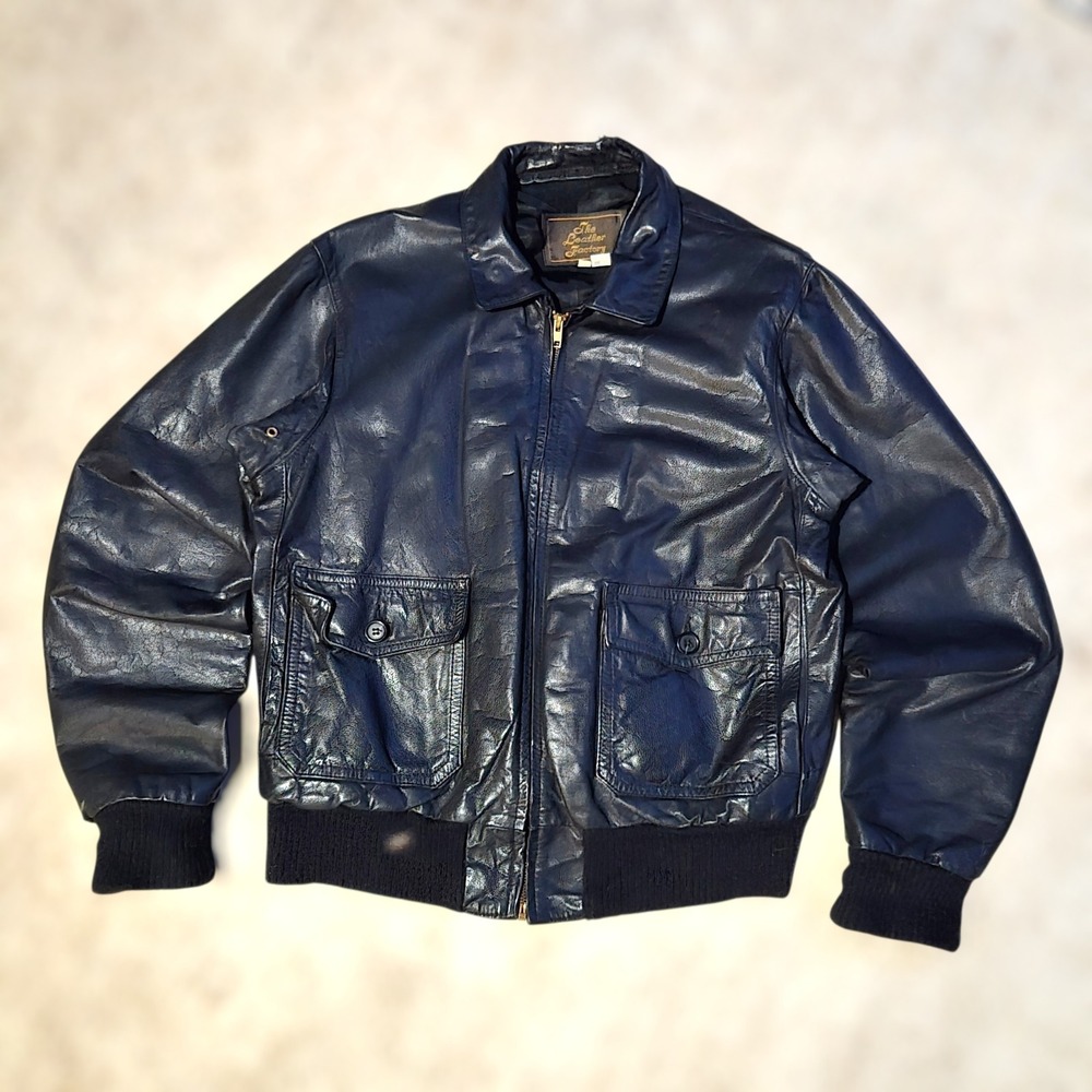 VTG The Leather Factory Flight Jacket BLACK Mens Sz 42 XL Leather Bomber USA GUC